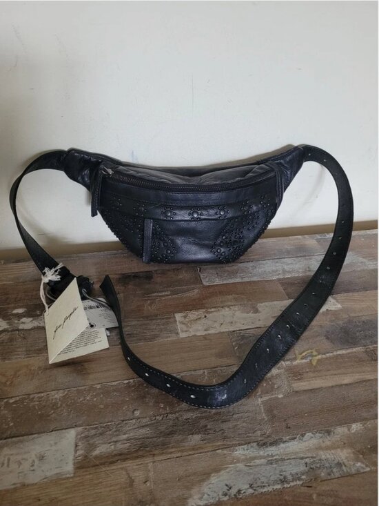 Free People Handbags - Free People NWT Embellished Leather Black Fanny Slung Belt Bag